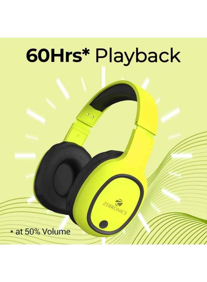 ZEBRONICS Thunder Bluetooth Wireless On Ear Headphone FM, mSD, 60hrs Playback with Mic (Neon Yellow) - Image 3
